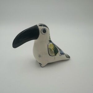 Tonala Mexican Pottery Bird Toucan White Black Hand Painted Folk Art Signed